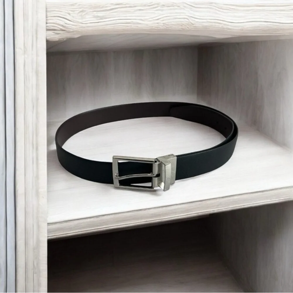 Reversible Black Brown Genuine Leather Silver Square Buckle Dress Belt Sz L 39.5